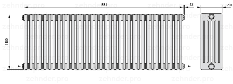 Схема (чертеж) Радиатор Zehnder Charleston 6110/34 №2670 Белый глянцевый RAL 9016